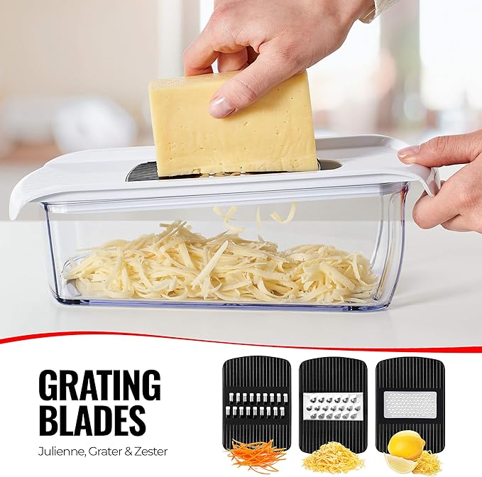 Fullstar Mandoline Slicer for Kitchen, Fruit Cutter, Cheese Grater, Cucumber Slicer, Veggie Spiralizer, Food Cutter & Kitchen Gadgets with Safety Glove (11 in 1, White)