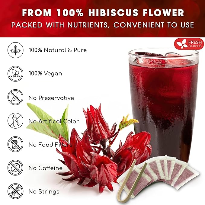 FreshDrinkUS, Premium 10 Hibiscus Flowers Tea Bags, 100% Natural, Pure from Hibiscus Flowers. Loose Flower Hibiscus Herbal Tea. Hibiscus Flower Tea. No Sugar, No Caffeine, No Gluten, Vegan.
