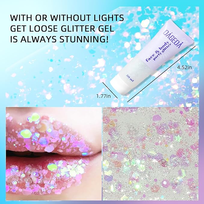 DAGEDA Body Glitter Gel, Face Glitter Body Gel Sequins Shimmer Liquid Eyeshadow, Chunky Glitter for Face Hair Nails, Holographic Cosmetic Laser Powder Festival Glitter Makeup 50ml(White)
