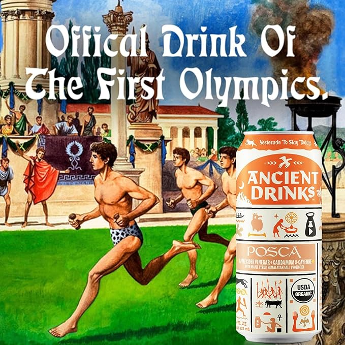 ANCIENT DRINKS Apple Cider Vinegar Beverage with Electrolytes, Vitamins, & Probiotics, Organic, Super-Hydrating Sports Drink - Posca (Cayenne & Cardamom) - 16 fl oz (12 cans)