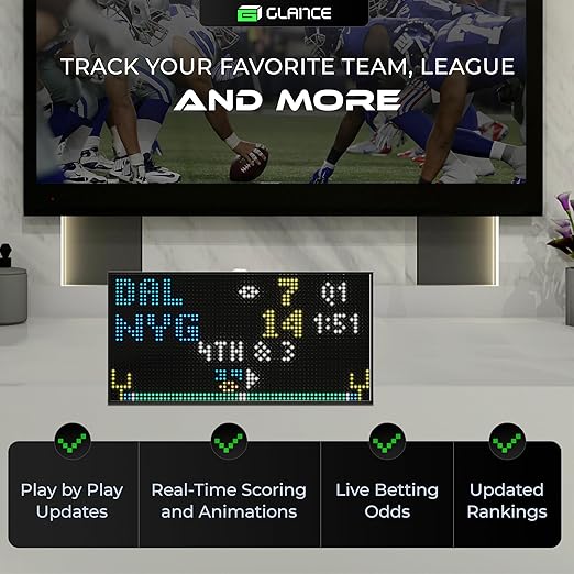 Glance LED Ticker - Customizable LED Display Sports Ticker, LED Display for Man Cave, Stock Market Ticker Display, Sports Score Retro Smart Pixel Display, Weather Display - 8"x4" Made in USA