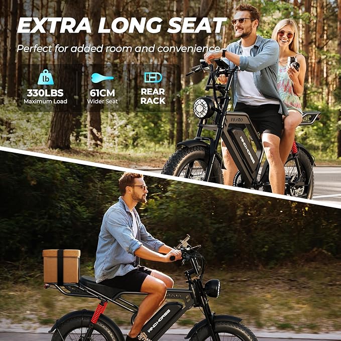 Electric Bike for Adults, 20" Fat Tire EBike 31MPH, 65Miles PAS Range, 1500W Peak Motor Electric Dirt Bike with Long Seat, Rear Rack, 48V 15.6AH Battery All-Terrain Electric Mountain Bike for Off-Road