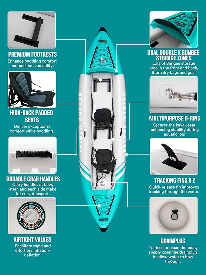 Inflatable Kayak 2 Person Adult - BEYOND MARINA Tandem Kayak with Drop Stitch Floor, Touring Kayak with Aluminum Paddles, Seats, Footrests, Pump, Fins, Adventurer 12.5ft