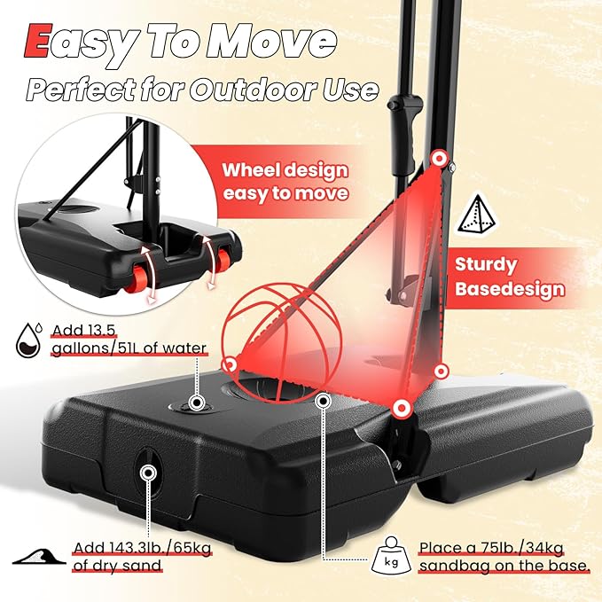 Basketball Hoop 44 Inch Backboard Protable Basketball Hoop Outdoor, 4.8-10ft Height Adjustable Basketball Goal System for Kids Youth Adults Play in Backyard/Courts/Indoor