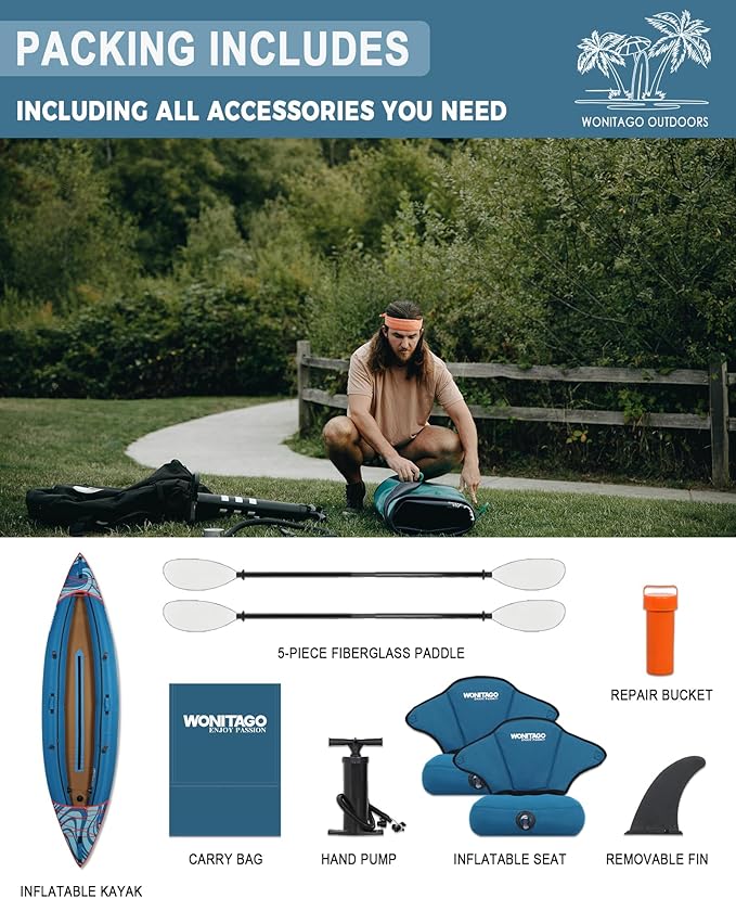 Inflatable Kayak, Portable Ripstop Oxford Cloth Recreational Touring Kayak with Fiberglass Kayak Paddle, Hand Pump and Carrying Bag, 1/2 Person