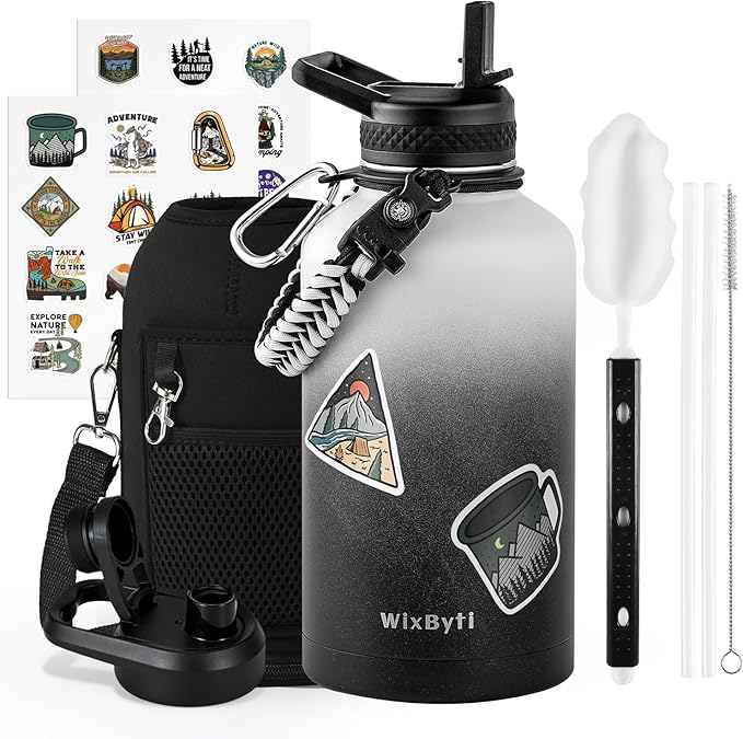 64 oz Insulated Water Bottle with Straw (Cold for 48 Hrs), Half Gallon Stainless Steel Triple Wall Vacuum Sports Water Jug, Leakproof Hydro Cup Flask with Straw Spout Lids & DIY Stickers