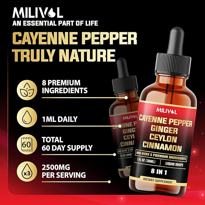 8in1 Cayenne Pepper Liquid Drops with Ginger, Ceylon Cinnamon, Turmeric Curcumin, Berberine - Digestion, Circulatory Heath Support - 2 Packs of 30ml