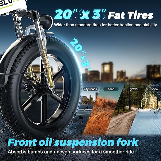 DriftGod Folding Electric Bike for Adults – 1000W Motor, 20"x3" Fat Tire, 48V Removable Battery, All-Terrain E-Bike with 7-Speed, Front Suspension – Powerful Foldable Ebike for Commuter