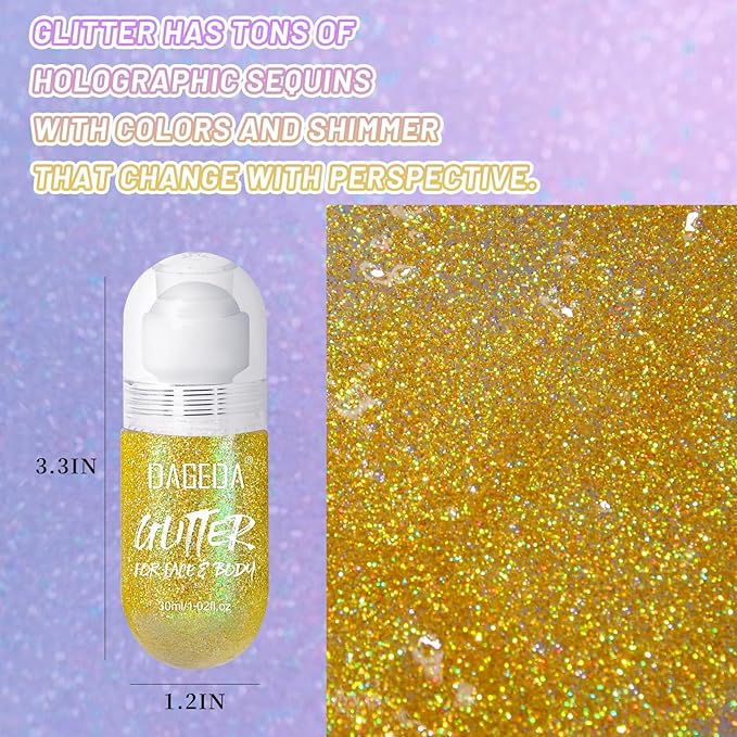 DAGEDA Body Glitter Gel, Roll-on Face Glitter for Mermaid Makeup Festival Rave Accessories, Holographic Hair Glitter Gel,Body Shimmer Halloween Makeup for Rave Party(Laser Gold)
