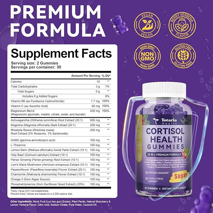 Cortisol Supplements for Women & Men 20-in-1 Cortisol Gummies with Ashwagandha Rhodiola Rosea Magnesium Phosphatidylserine Calm Focus Mood Support Healthy Cortisol Levels 30 Day Supply