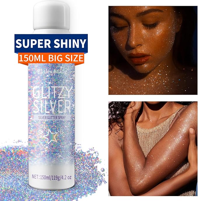Hair Glitter Body Glitter Spray, 150ML Glitter Hairapray Holographic Silver Glitter Spray for Hair and Boday, Hair Glitter for Kids Women, Body Shimmer Festival Makeup 4.2 Fl Oz