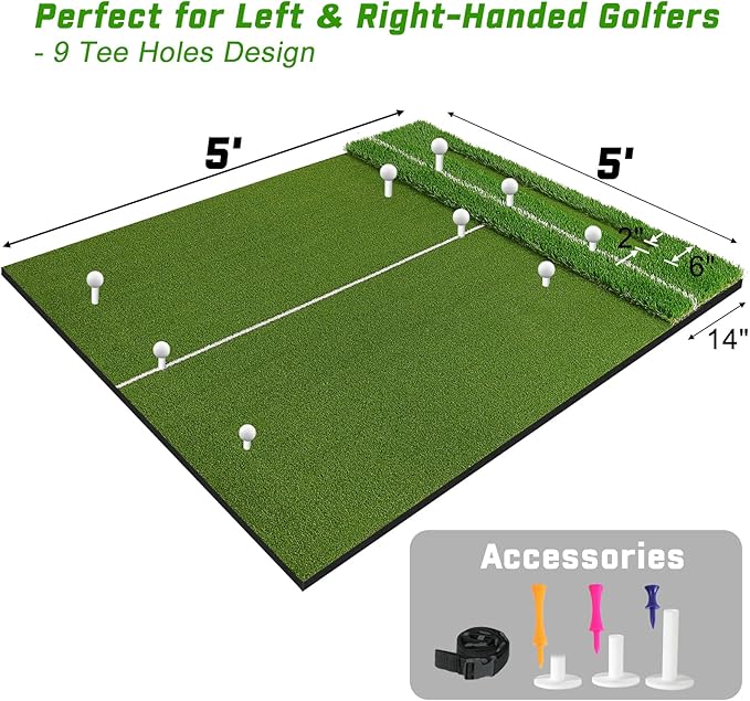 Dual-Turf 45/50MM Golf Hitting Mat, Built-in Ball Tray, Alignment Aid, Golf Mat Practice Outdoor & Indoor, Driving Chipping Putting in Backyard Garage Basement, Gift for Men Dad Golfer