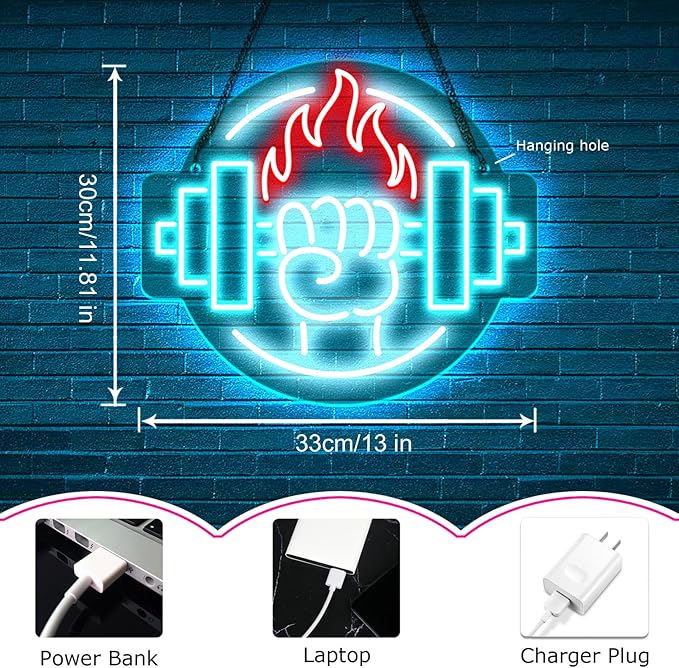 Gym Led Neon Sign- Gym Neon Light Dumbbell Sign for Home Gym Fitness Club Boy's Room Sports Room Decor Neon Light Fitness Club Neon Signs for Wall Art Birthday Gift 5V(13 * 11.81 Inch)