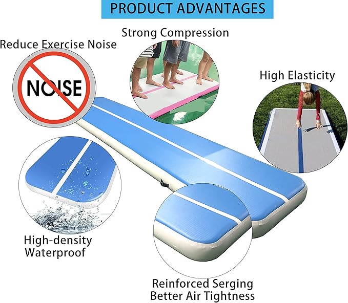 DOBESTS Inflatable Air Gymnastics Mat Tumbling Mat Tumble Track Gymnastics Training for Kids Home 6.6 feet 10 feet 13feet 16feet 20feet 4/8inch Thick for Cheerleading Dance Yoga Cheer Water With Pump