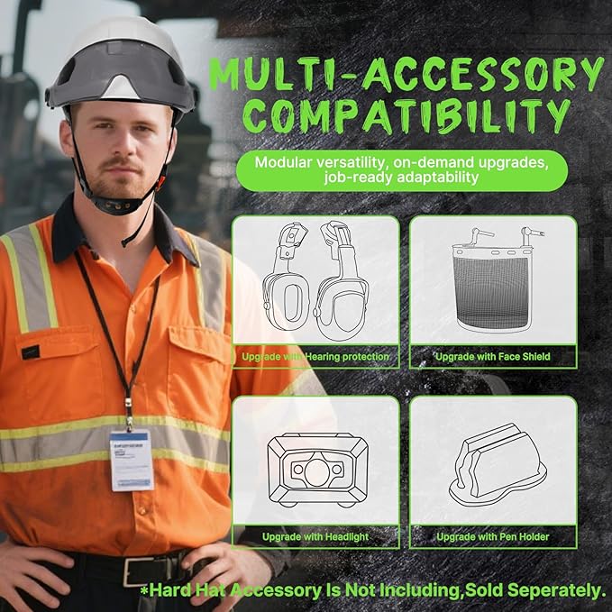 AOLAMEGS Construction Safety Hard Hat - ANSI Z89.1 Approved Safety Helmet with Visor & 50pcs Hard Hat Stickers Sliding Vented Hardhat for Men Women Adults Industrial Workwear Outdoor (Smoke Visor)