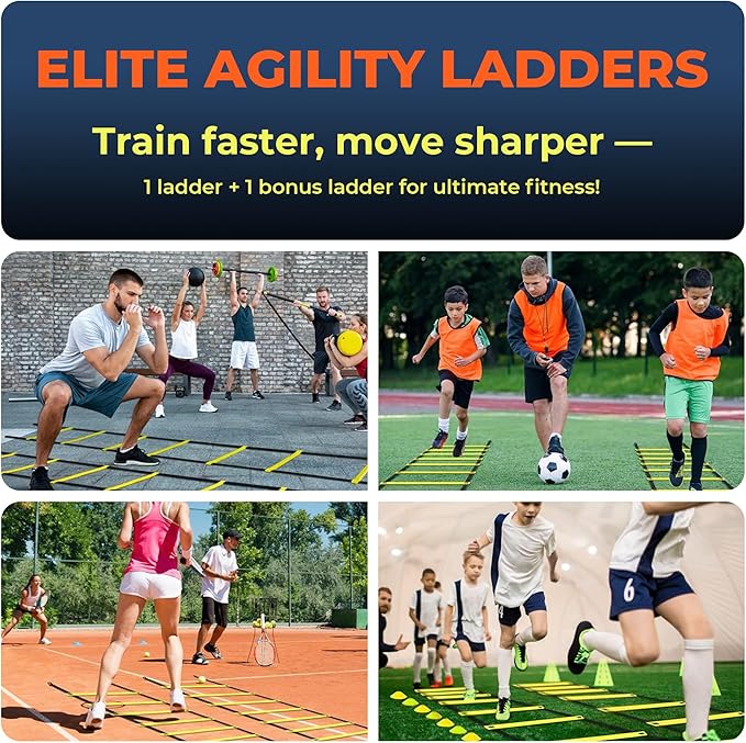 Agility Ladder Speed Training Equipment Set-2x 20ft Agility Ladder,12 Soccer Cones,4 Adjustable Hurdles, Jump Rope, Running Parachute| Basketball Football Soccer Training Equipment for Kids Adults