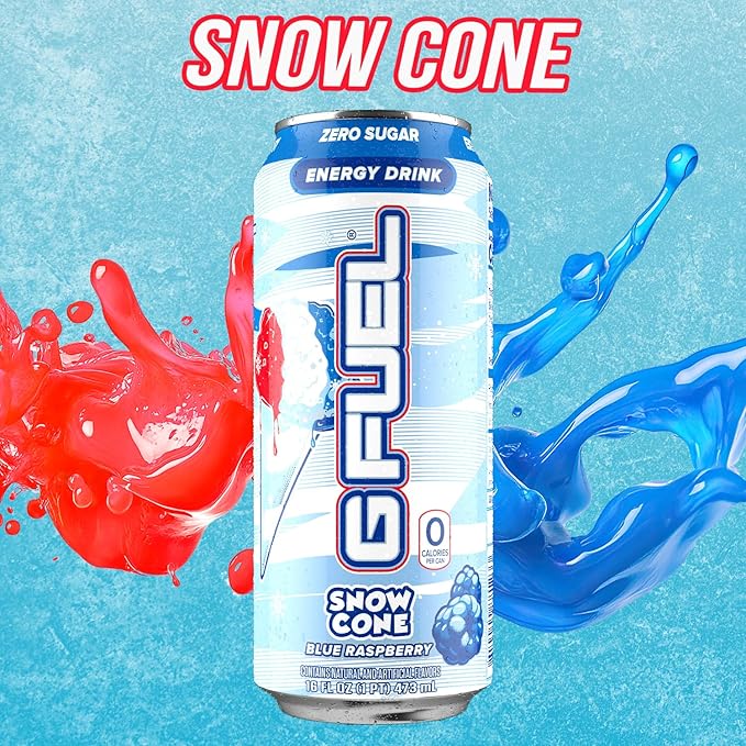G Fuel Energy Drink, Snow Cone, Sugar Free Beverage with 300mg Caffeine, Daily Energy Boost with Focus Amino, Vitamin + Antioxidants, 16 oz Cans (Snow Cone, 12-Pack)