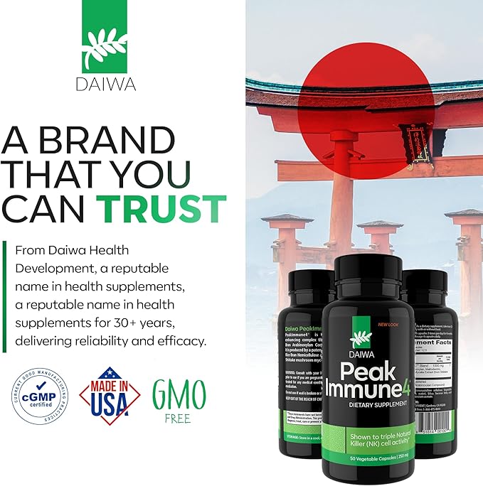 Daiwa PeakImmune4® – Immune Support Supplement for Adults with Rice Bran Arabinoxylan Compound (RBAC) and Enzyme from Shiitake Mushroom – 50 Capsules