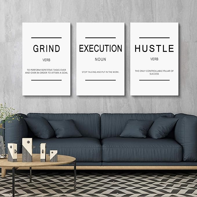 Framed Canvas Wall Art Success Quote, Office Wall Art, White Large Poster, Positive Motivational Set of 3 Prints, Grind Execution Hustle Poster, Inspirational Print