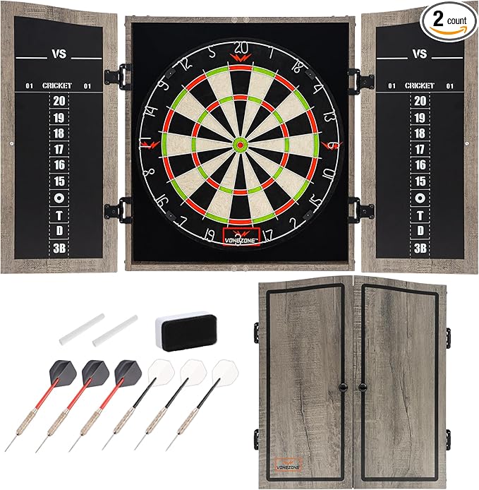 Dartboard Cabinet Set - Easy Assembly One Piece Sports Hemp Dartboard Scoreboard - Play Immediately - 6 Dart Chalk Set for Home Game Bar Accessories, Gray