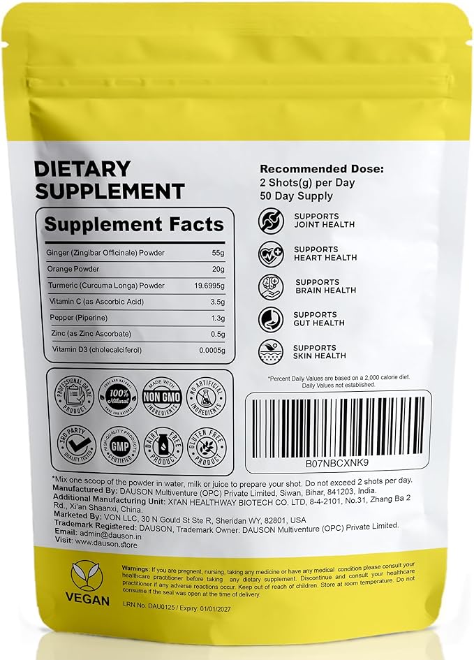 Ginger Turmeric Supplements with Piperine, Orange, Vitamin C, Vitamin D3 & Zinc | Ginger Turmeric Shots for Joint, Heart, Brain, Gut & Skin Health | 100 Servings | Ayurvedic | Powder