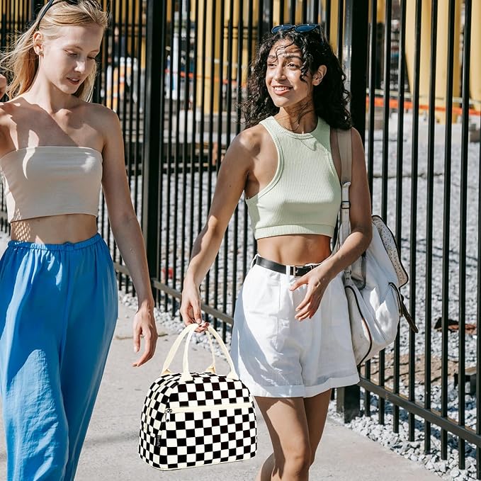 FlowFly Lunch Bag for Women Insulated Lunch Box Corduroy Lunch Tote Cooler for Travel Work Picnic,Corduroy Plaid Black