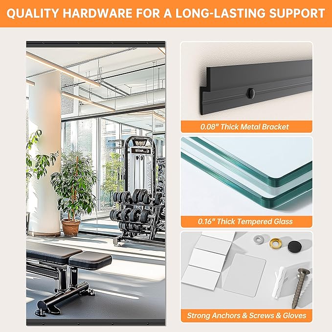 Hasipu 2 Pcs 55''x20'' Home Gym Mirror Large Full Length Wall Mounted Full Body Mirror for Yoga Dance Fitness Exercise Studio Bedroom Garage, Frameless Tempered Glass Workout Mirrors Black Rectangular