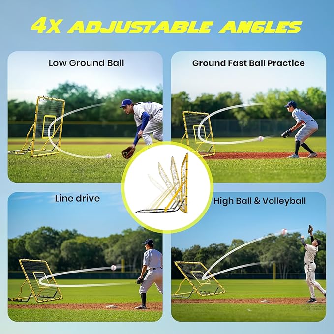 Baseball Rebounder Net,4x4.5FT Multi-Sport Pitch Back Rebounder Steel Frame with 4 Adjustable Angles, 40pcs Bungees Soccer, Volleyball&Lacrosse Trainer for Solo Fielding,Pitching and Reflex Training