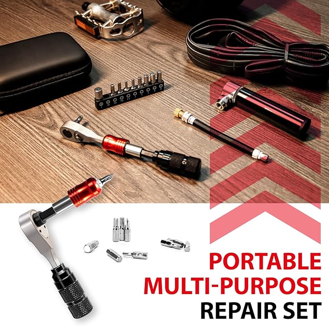 EMERK Bike Repair Tool Kit – Bicycle Multi-Tool Kit with Mini Pump, Ratchet Reversible Tool &10 Tool Bits, Tire Levers, and Portable Bag for Camping and Travel