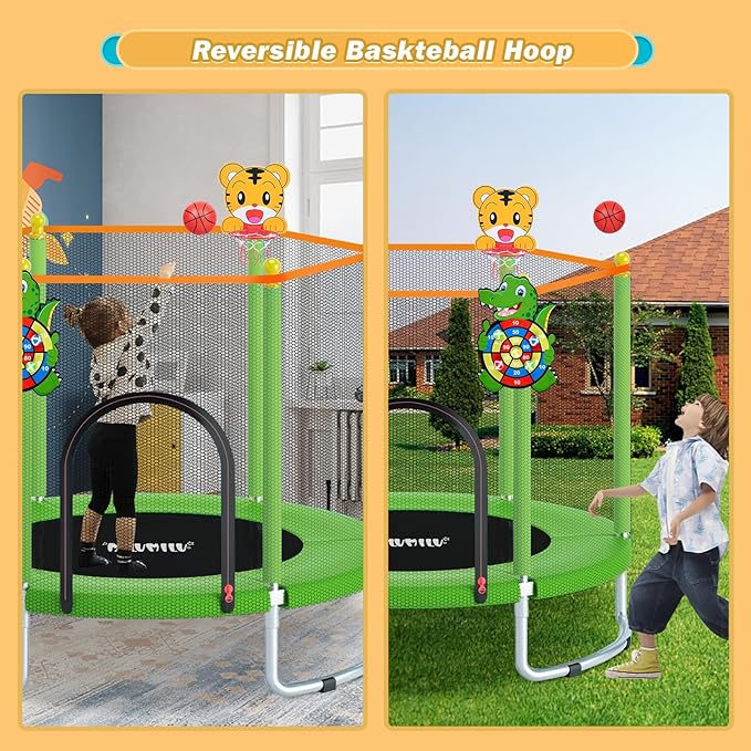 60" Indoor Outdoor Trampoline for Kids,MILUMILU Mini Baby Trampoline with Safety Enclosure Net, Basketball Hoop, Jumping Mat - Birthday Gifts for Children Boy Girl.