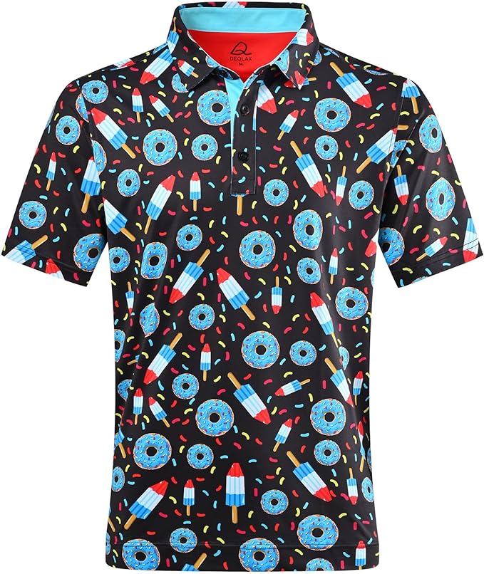 DEOLAX Mens Polo Shirts Fashion Print Mens Golf Shirt Dry Fit Mens Golf Polo Short Sleeve Quick Dry Funny Golf Shirt for Men