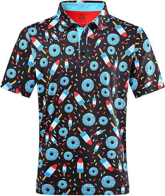 DEOLAX Mens Polo Shirts Fashion Print Mens Golf Shirt Dry Fit Mens Golf Polo Short Sleeve Quick Dry Funny Golf Shirt for Men