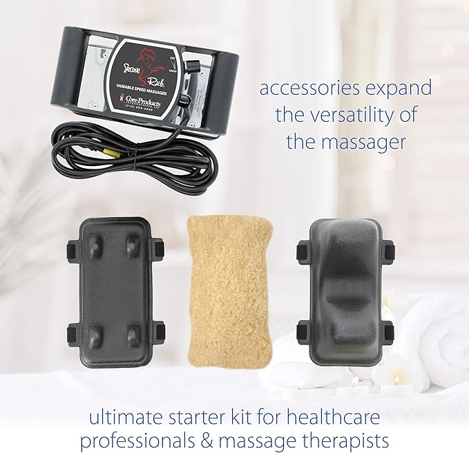 Core Products Jeanie Rub Massager Deluxe Package - Variable Speed Electric Massager for Deep Tissue Pain Relief, Full Body Massage, Back & Shoulder Massager w Fleece Pad Cover & Trigger Point