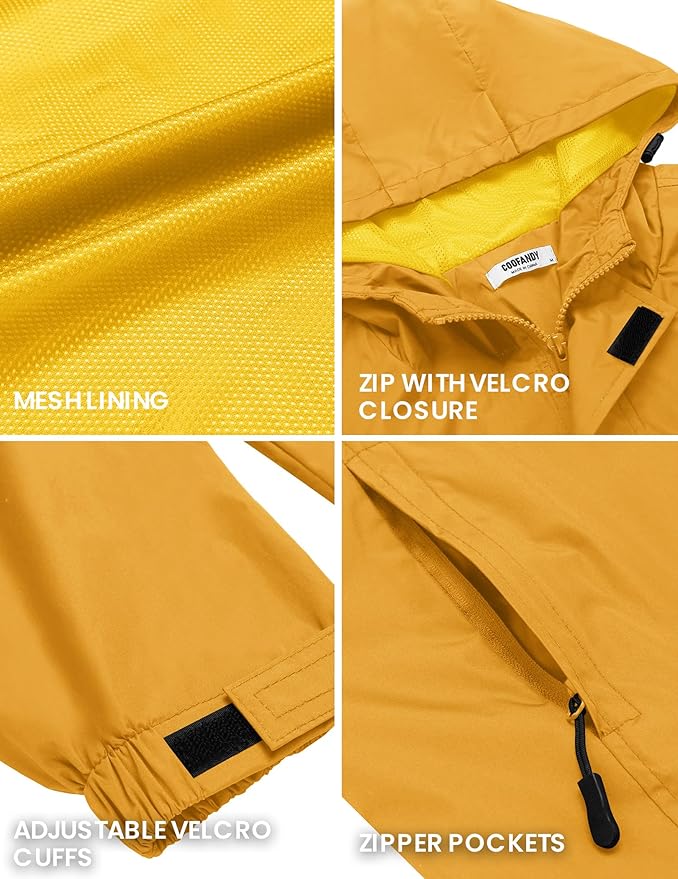 COOFANDY Men's Rain Jacket Waterproof With Hood Lightweight Packable Shell Raincoat Windbreaker For Cycling Golf Travel