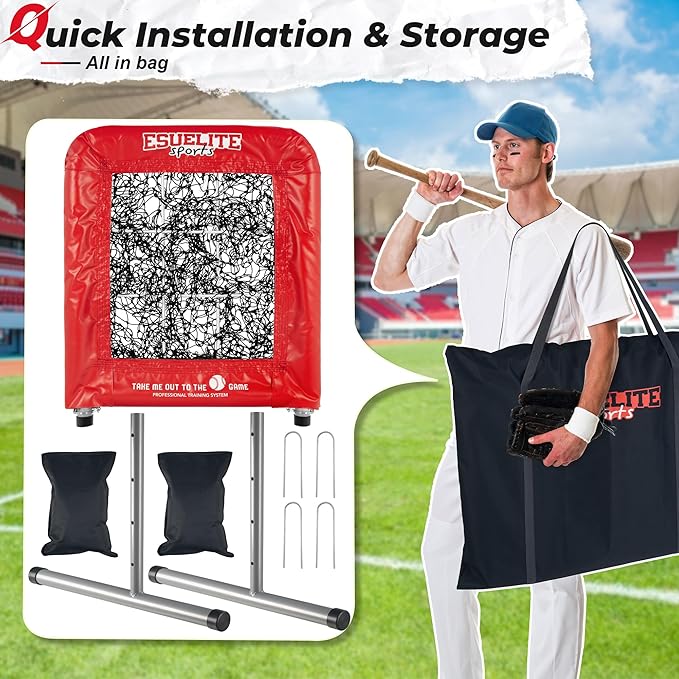 Heavy-Duty 9 Hole Pro Style Baseball & Softball Pitching Net with Strike Zone Target - Adjustable Portable Design for Training, Includes 4 Stakes & 2 Sandbags