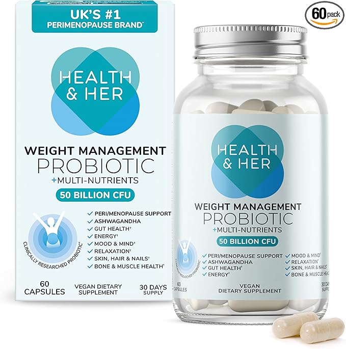 Health & Her Weight Management Probiotics for Women - Perimenopause & Menopause Supplement - Clinically Studied 50bn CFU Probiotics to Support Gut Health, Energy, Mood & Mind, Vegan (60 ct - 1 Month)
