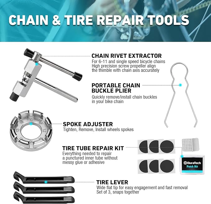 DURATECH 31 Pieces Bicycle Tool Kit, Complete Bike Repair Kit with Storage Box, Mountain Bike Repair Tools, for Mountain, Road, and Park Bicycle with Chain Riveter, Tire Levers, Crank Puller