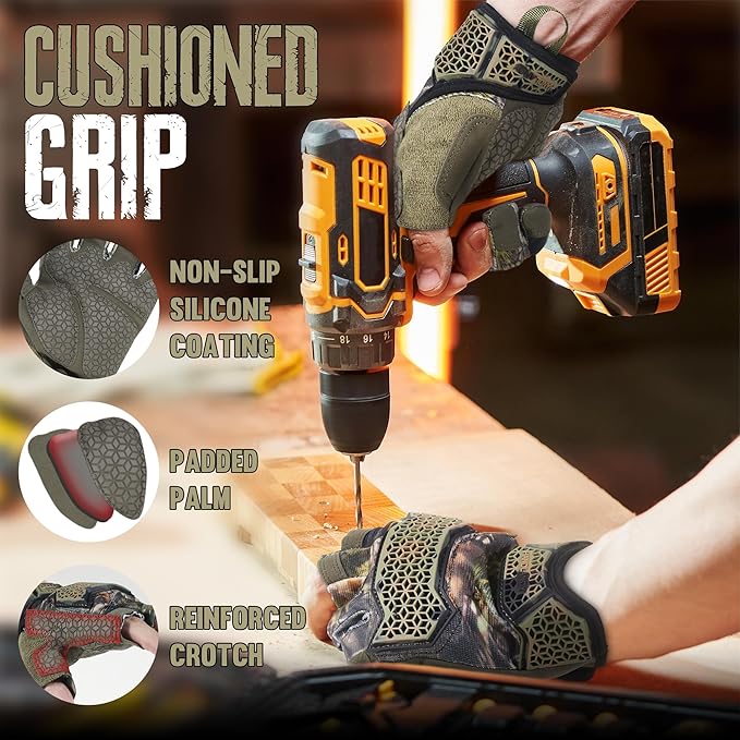 HANDLANDY Fingerless Framer Work Gloves for Men, Utility Grip Paded Gloves for Tactical Shooting Airsoft Hunting Driving (Camo- 3 Fingerless, Medium (Pack of 1))