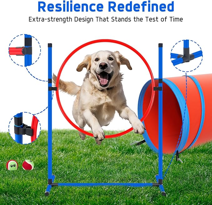 Dog Agility Course Backyard Set Dog Agility Equipment Obstacle Course Backyard Includes Adjustable High Hurdle,6 Weave Poles,Extended Tunnel,Jump Ring,Square Pause Box,2 Balls,Whistle,2 Carrying Bags
