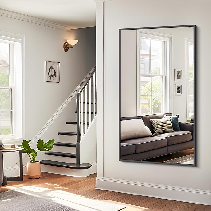 Bathroom Mirror, 30x55 inch Wall Mirror for Bathroom Wall Mounted Black Rectangle Square Corner Mirrors, Black Bathroom Mirror for Living Room, Farmhouse, Bedroom Entryway, Horizontal/Vertical