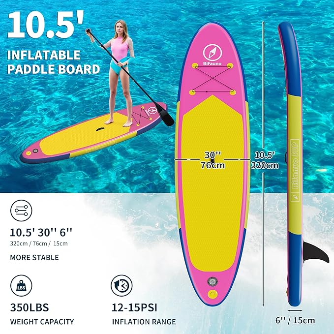 Inflatable Stand Up Paddle Board with SUP Accessories & Backpack. Paddle Boards for Adults. Non-Slip Deck, Wide Stance, Bottom Fin, Double Action Pump.