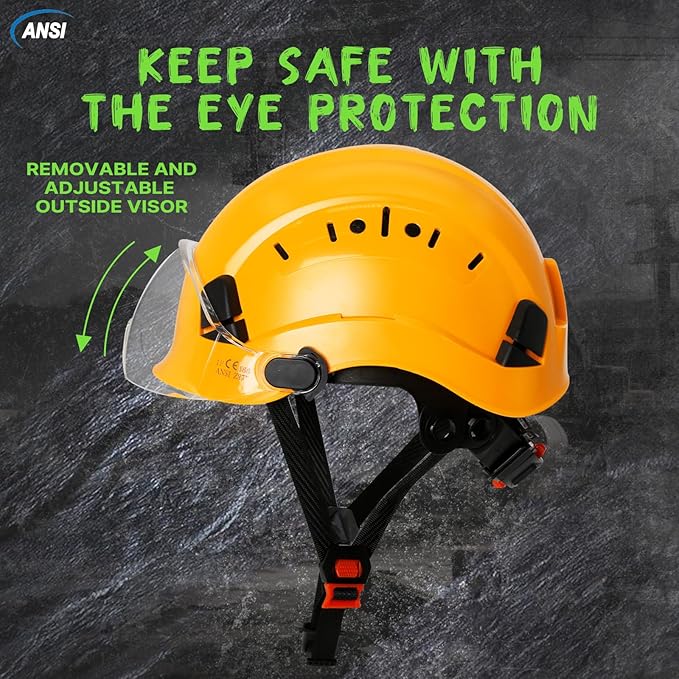 AOLAMEGS Construction Yellow Hard Hats - ANSI Z89.1 Class C Approved Adjustable Vented Hard Hat with Clear Visor for Men Women 6-Point Suspension ABS Safety Helmet for Outdoor Height Work