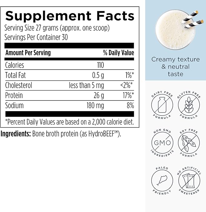 Designs for Health PurePaleo Collagen Protein Powder - 26g HydroBEEF Bone Broth Protein Supplement with Collagen Peptides + BCAAs - Unflavored, Non-GMO, Dairy-Free + Gluten-Free (30 Servings / 810g)