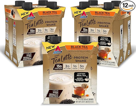 Atkins Iced Tea Latte Protein Shake, Black Tea with Honey, 15g Protein, 3g Fiber, 1g Sugar, Made with Real Tea, 12 Shakes