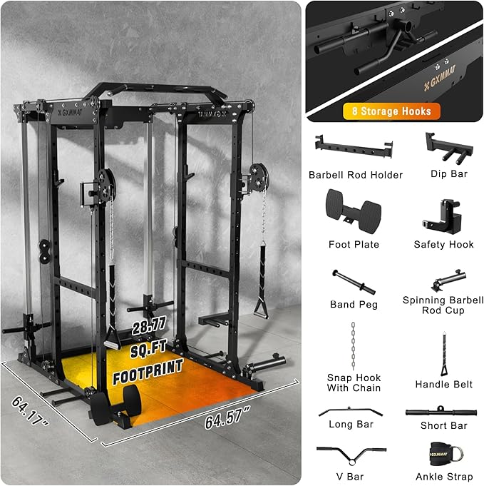 GXMMAT X6 Power Cage, 2200LB Multi-Function Power Rack with Independent Dual Aluminum Pulley System, Squat Rack for Home Gym Strength Training Equipment, Heavy-Duty Steel Construction