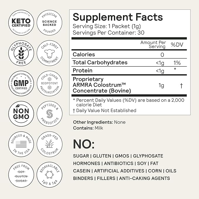 ARMRA Colostrum™ Powder | Unflavored | Gut Health & Bloating | Skin & Hair | Immunity | Keto, Gluten & Fat-Free | 30 Servings