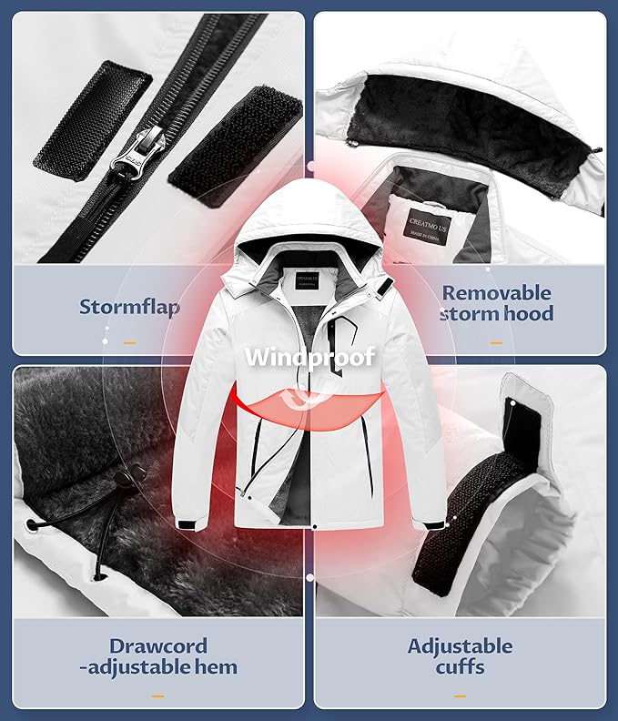 CREATMO US Men's Mountain Waterproof Ski Jacket - Windproof Snowboarding Warm Winter Coat Raincoat