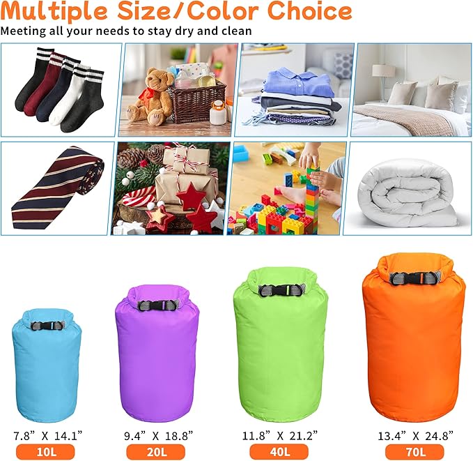 Desoto Waterproof Dry Bag 2 packs, 2L/5L/10L/20L/40L/70L Dry Sack Lightweight Portable, Dry Storage Bag to Keep Gear Dry Clean for Kayaking, Gym, Hiking, Swimming, Camping