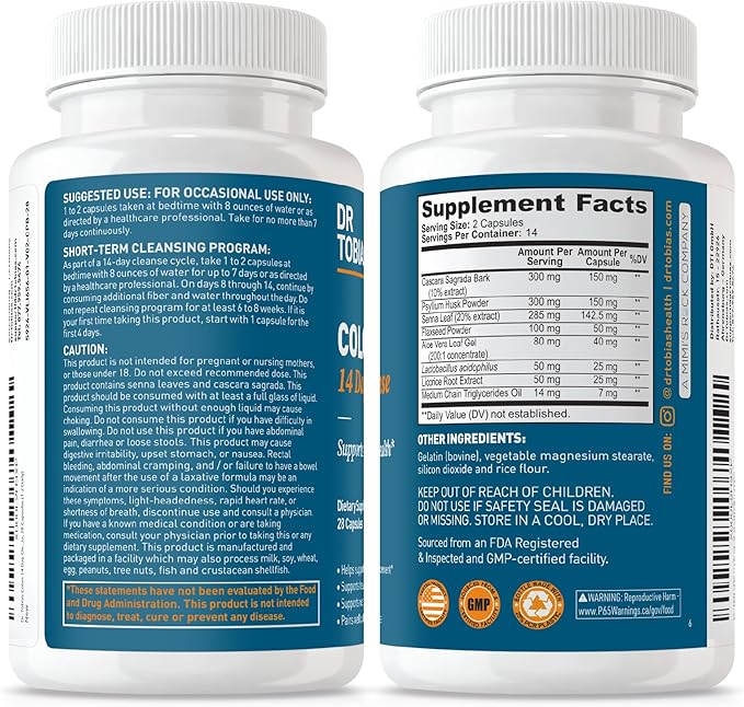 Dr. Tobias Colon 14 Day Cleanse, Advanced Gut Cleanse Detox for Women & Men with Cascara Sagrada, Psyllium Husk, Senna Leaf & Probiotics, Non-GMO Colon Cleanse, 4 Bottles of 28 Capsules (1-2 Daily)