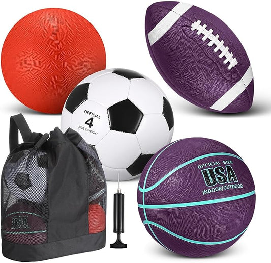 Deekin 4 Pcs Sport Balls Set for Kids Teens, Include Official Size 5 Basketball 4 Soccer 6 Football Playground Ball and Pump Sports Equipment Bag Recess Equipment Sport for Students(Purple, Teal)